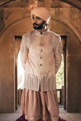 Beige Embroidered Bandhgala with Anarkali Kurta - Asuka Couture