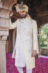 Cream Moti and Sequins Embroidered Sherwani - Asuka Couture