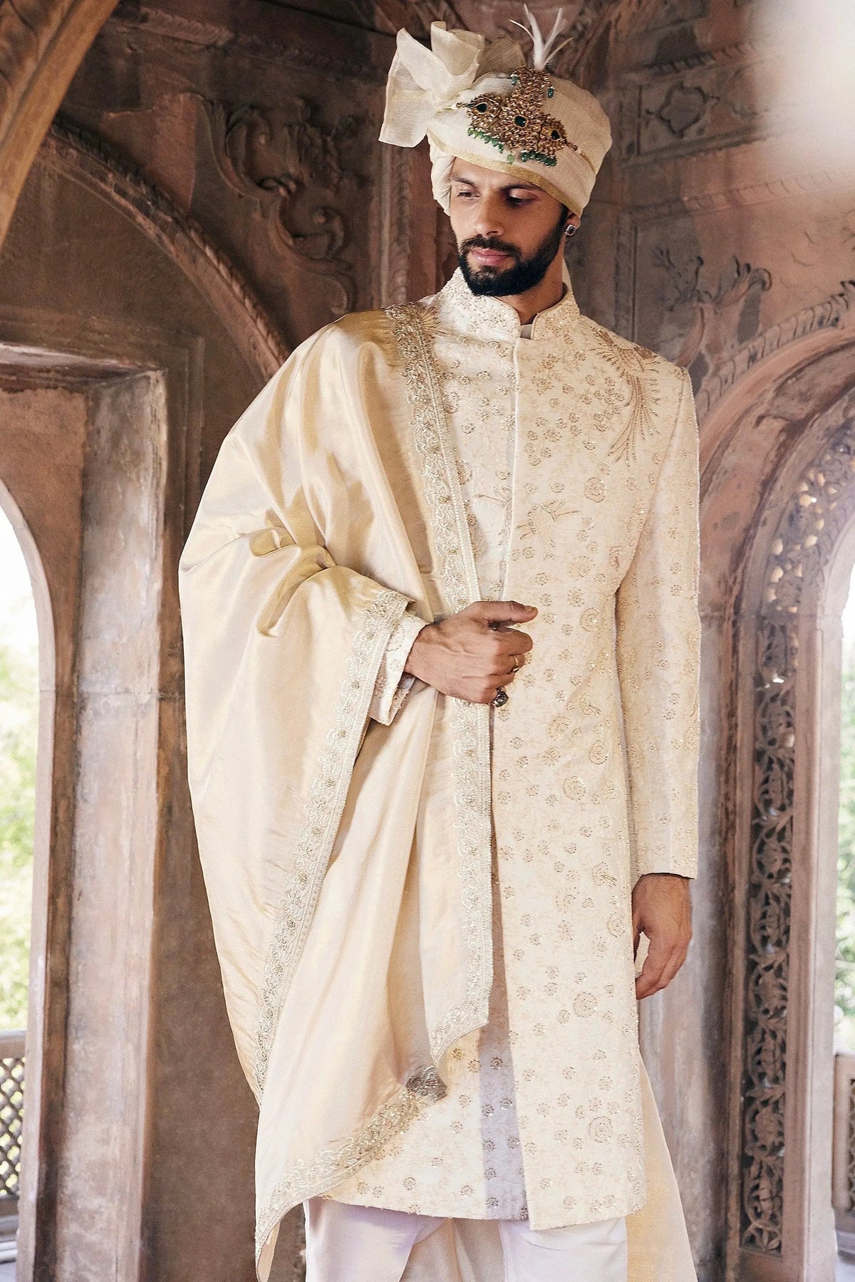 Cream Moti and Sequins Embroidered Sherwani - Asuka Couture