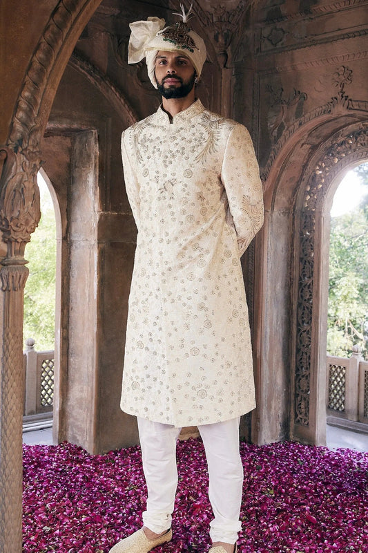 Cream Moti and Sequins Embroidered Sherwani - Asuka Couture
