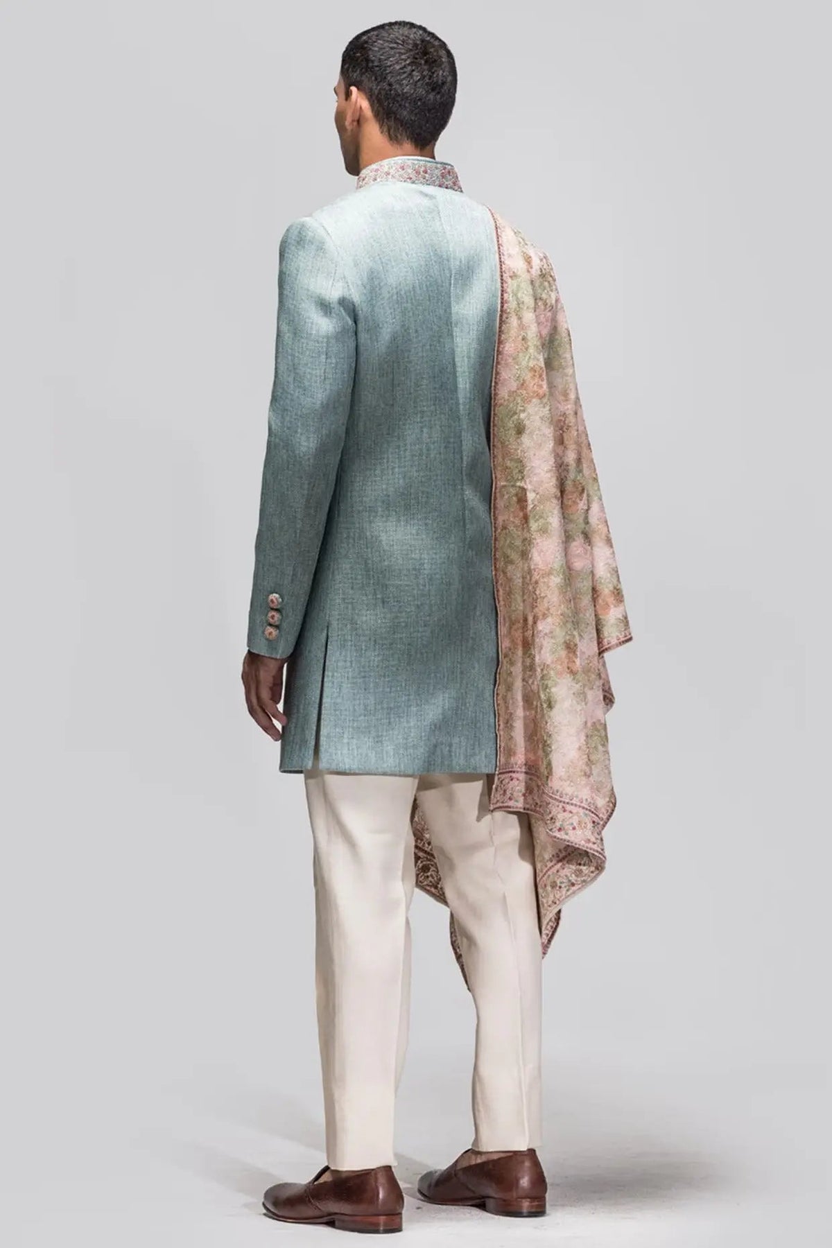 Cyan Blue Matka Silk Achkan - Asuka Couture