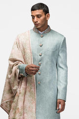 Cyan Blue Matka Silk Achkan - Asuka Couture