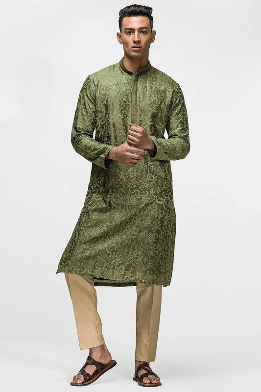 Mehendi Green Floral Embroidery Kurta - Asuka Couture