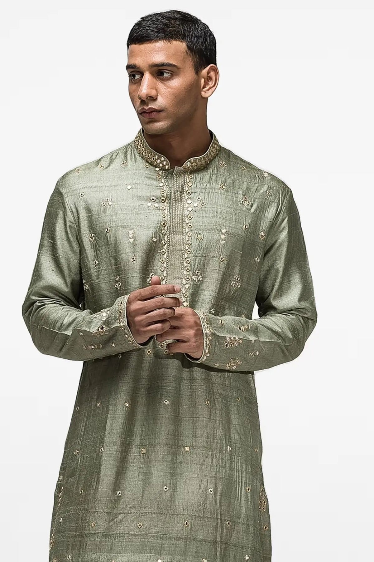 Olive Green Booti Mirror Work Kurta - Asuka Couture