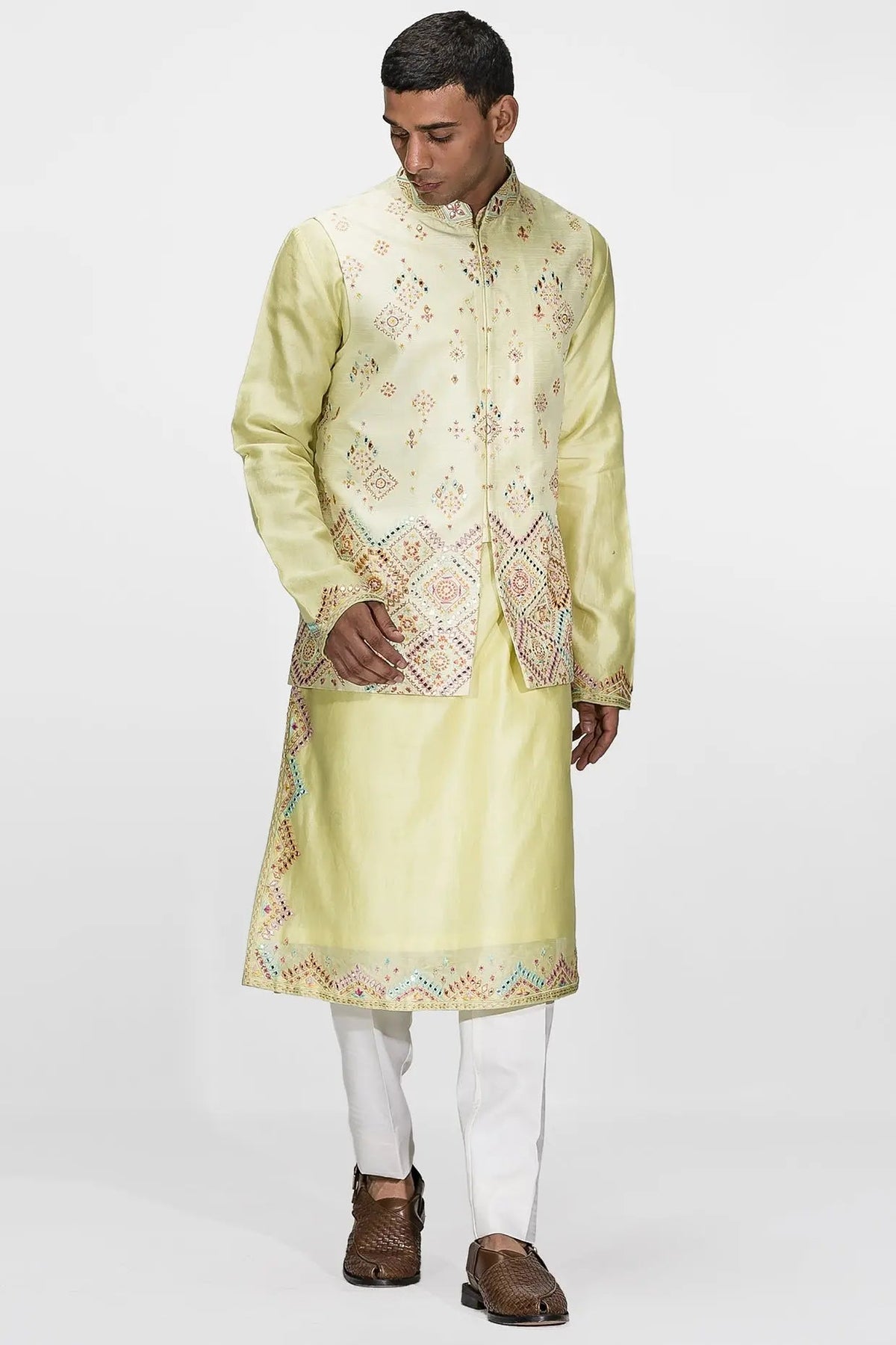 Neon Green Sheesha Embroidery Resham Bundi Set - Asuka Couture
