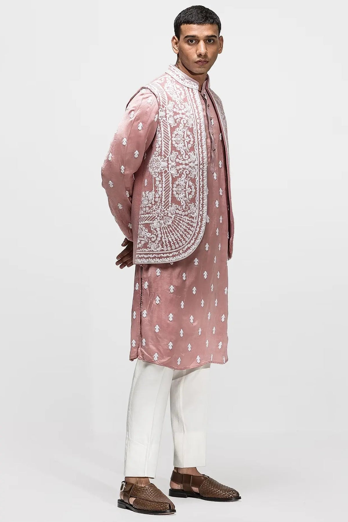 Monochrome Pink booti motif Dori Panel work Bundi Set - Asuka Couture