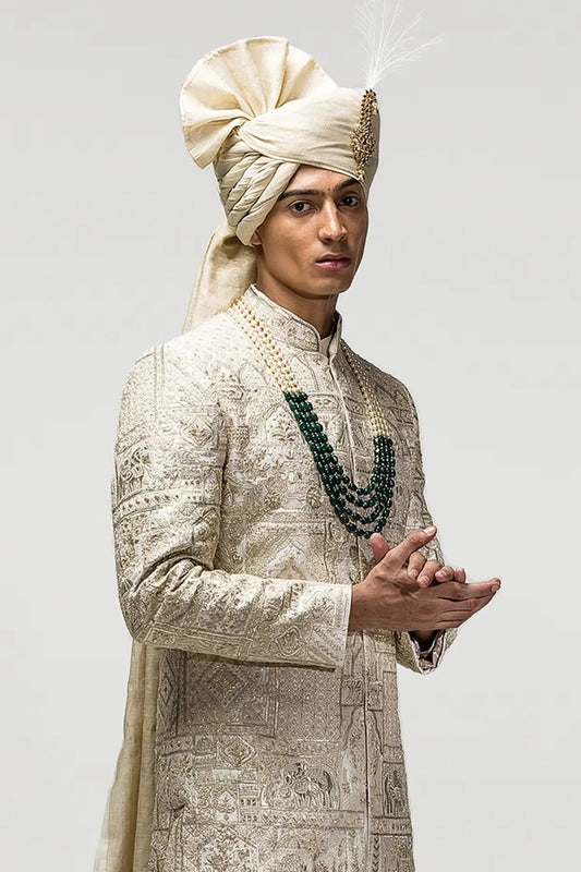 Beige Dori Gota Embroidery Sherwani - Asuka Couture