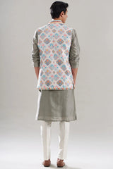 Multi-Colored Cotton Silk Printed Bundi Set - Asuka Couture