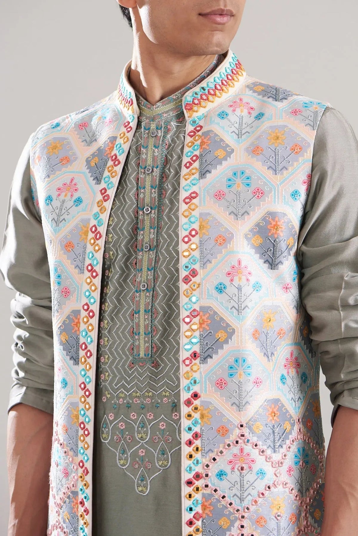 Multi-Colored Cotton Silk Printed Bundi Set - Asuka Couture