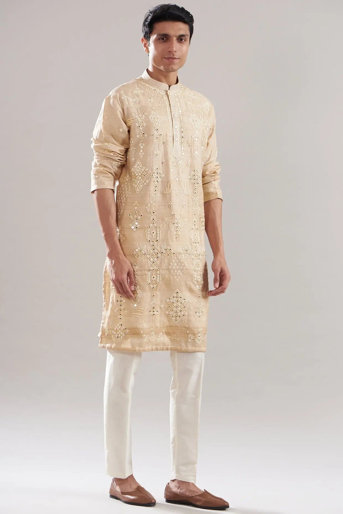 Beige Tussar Silk Embroidered Kurta Set - Asuka Couture