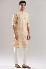 Beige Tussar Silk Embroidered Kurta Set - Asuka Couture