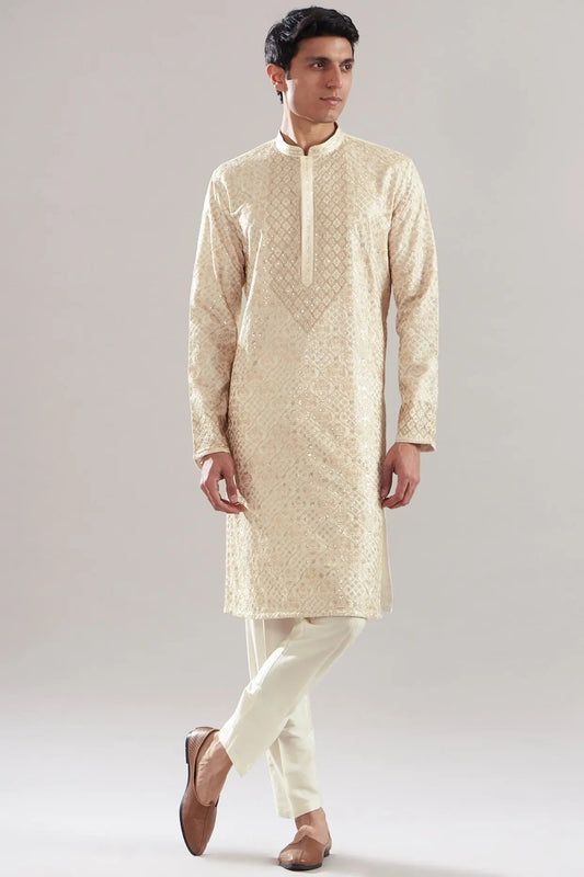 Ivory Chanderi Silk Embroidered Kurta Set - Asuka Couture