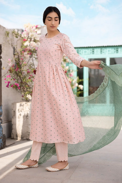 Aarohi Peach and Olive Green Chanderi Kurta Set