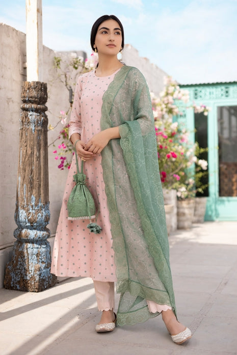 Aarohi Peach and Olive Green Handwoven Chanderi Kurta Set
