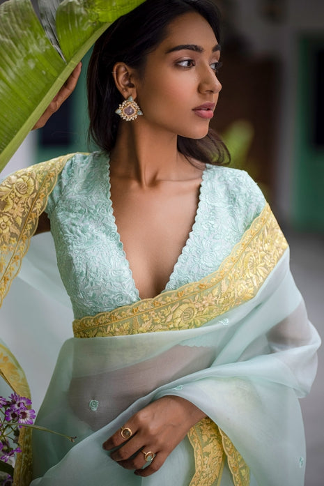 Aarya Aqua and Yellow Saree By Chhaya Mehrotra