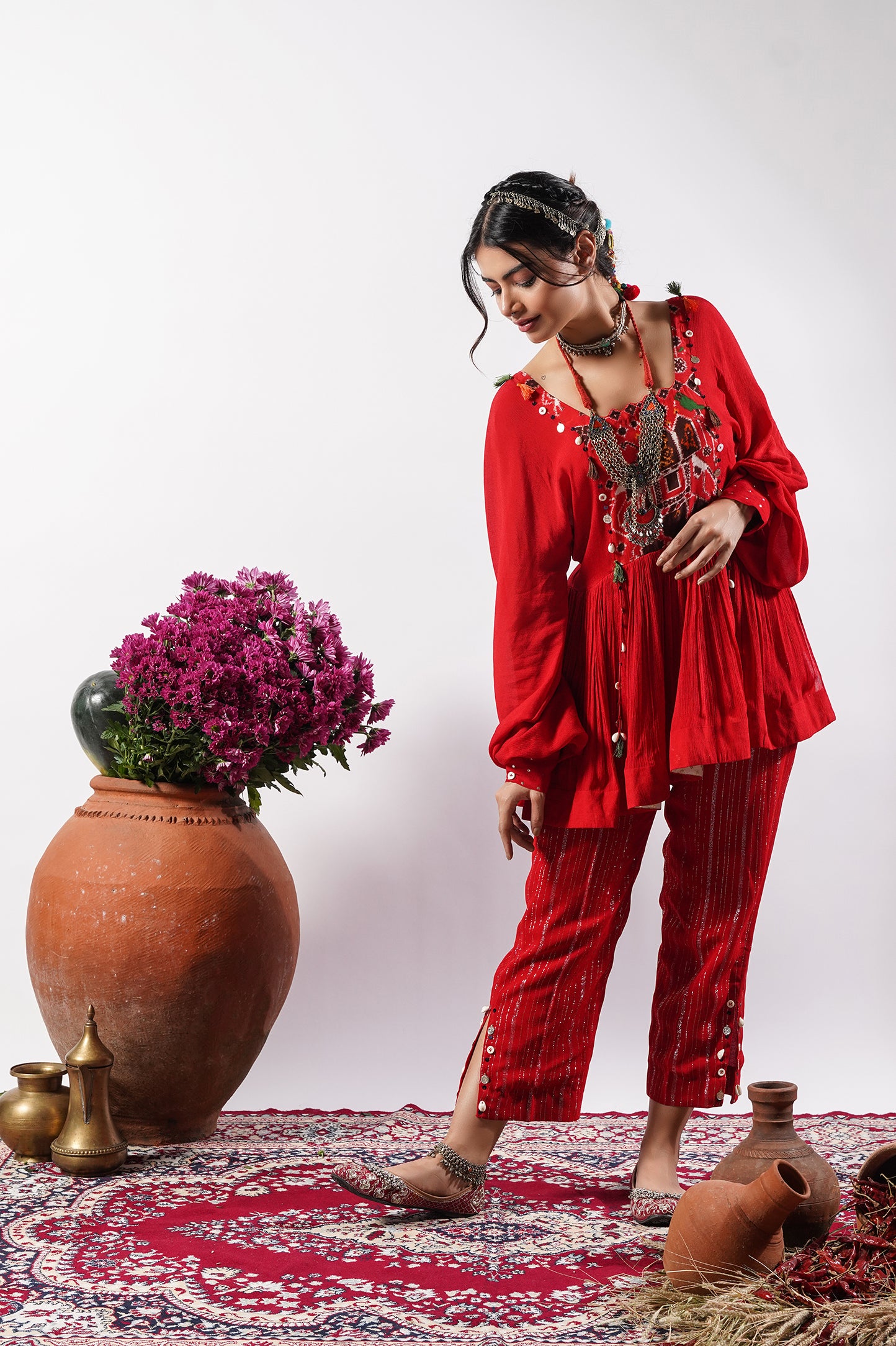 Aashna- Fiery Red Patola Chanderi Co-Ord Set