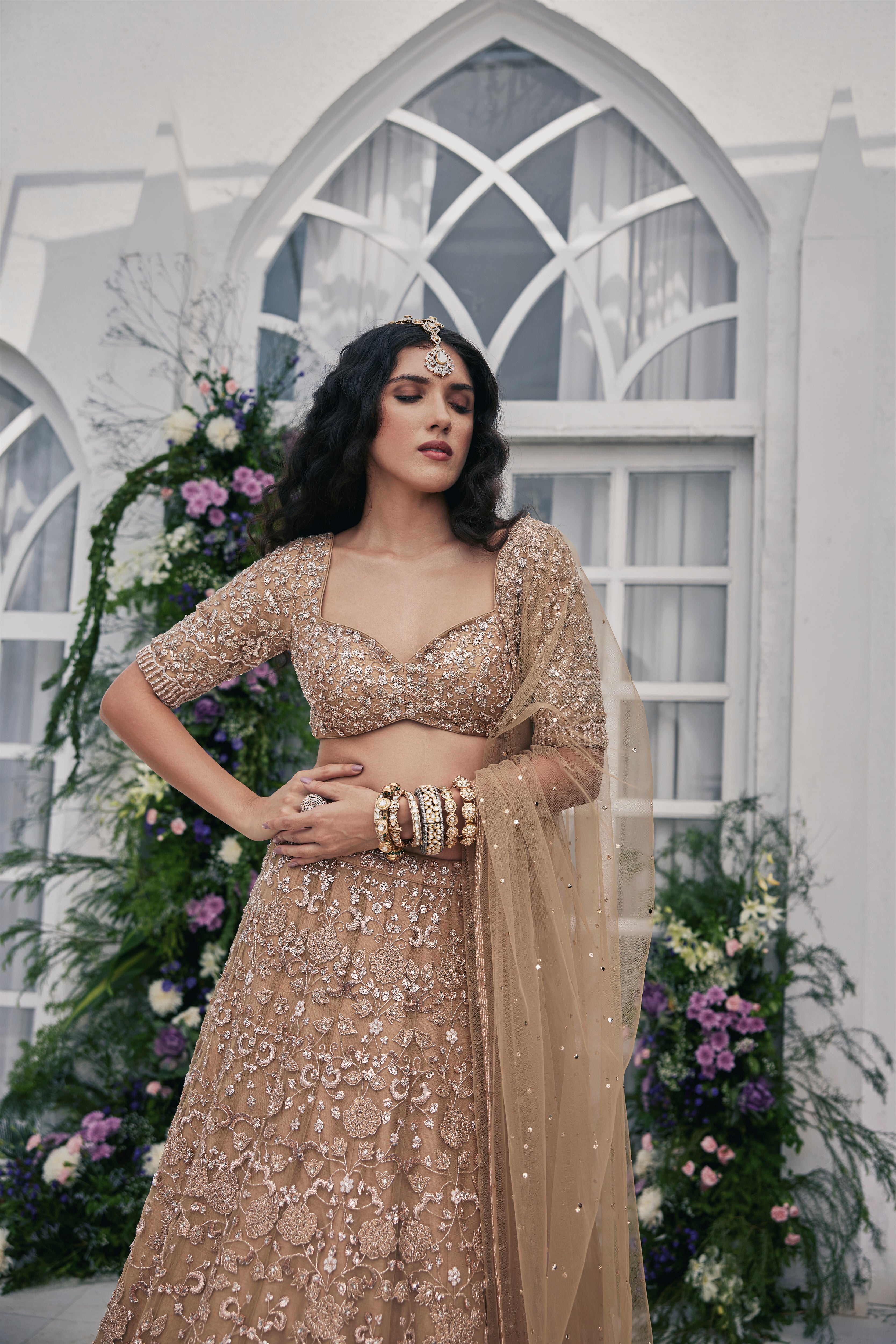 Adeeba Gold Embroidered Net and Silk Lehenga Set