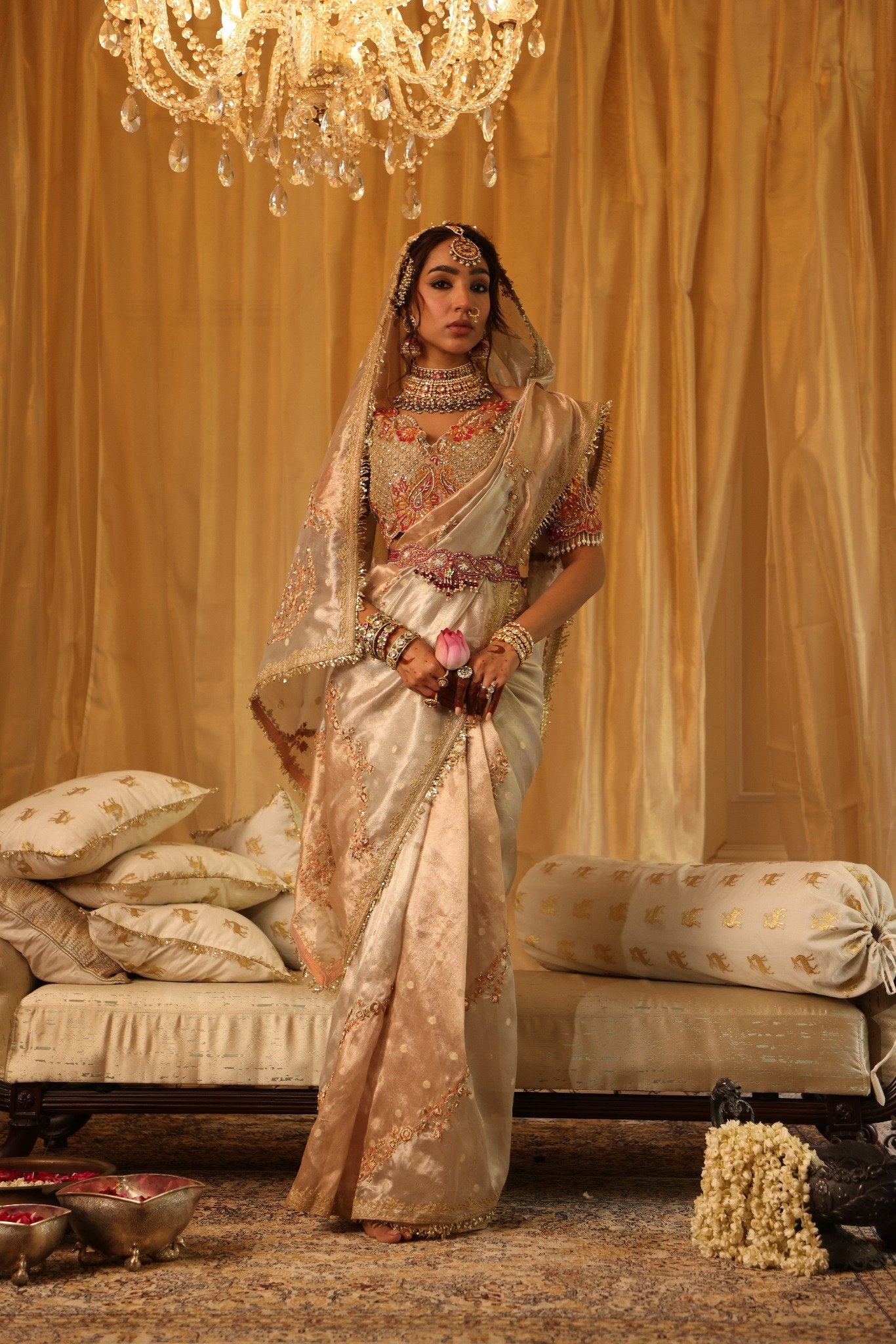 Pearl Gold Pure Zari Tissue Saree Set