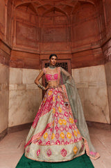 Women's Hot Pink Banarsi Woven Lehenga Set
