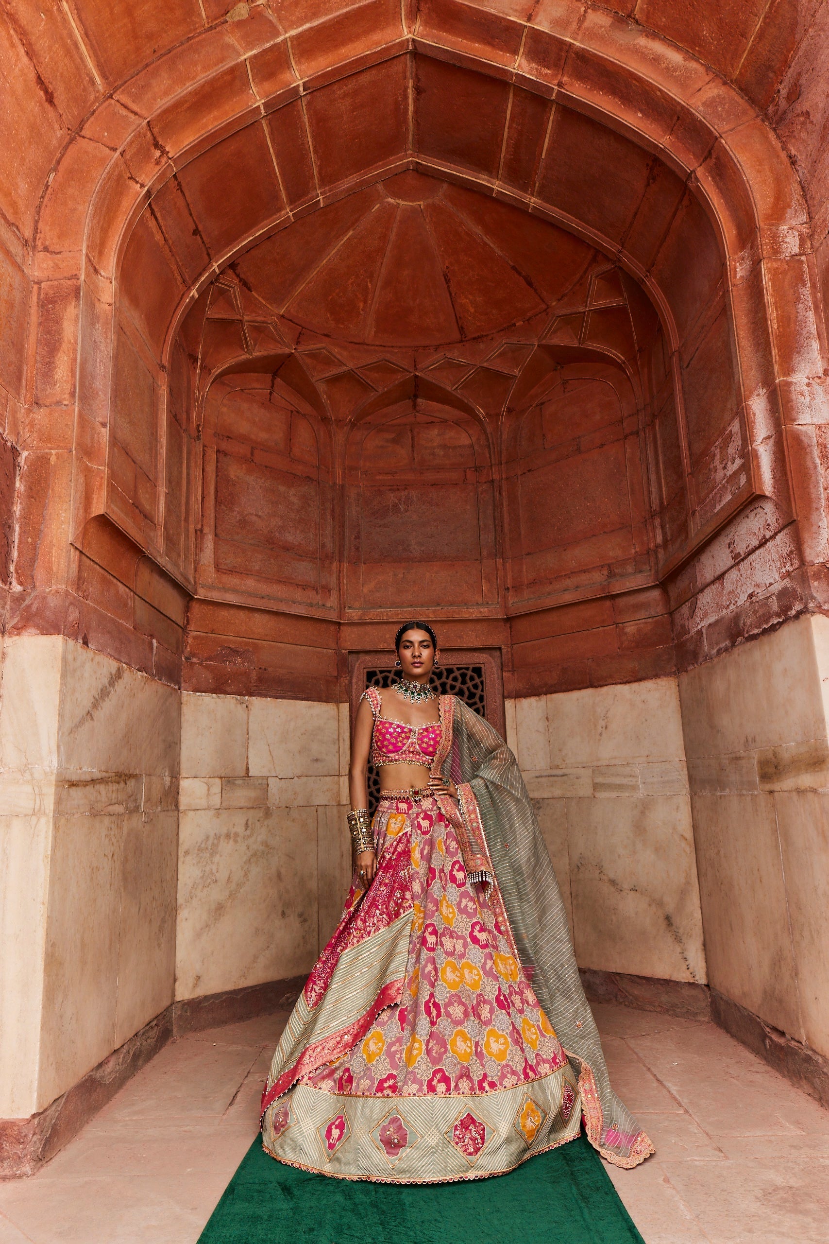 Women's Hot Pink Banarsi Woven Lehenga Set
