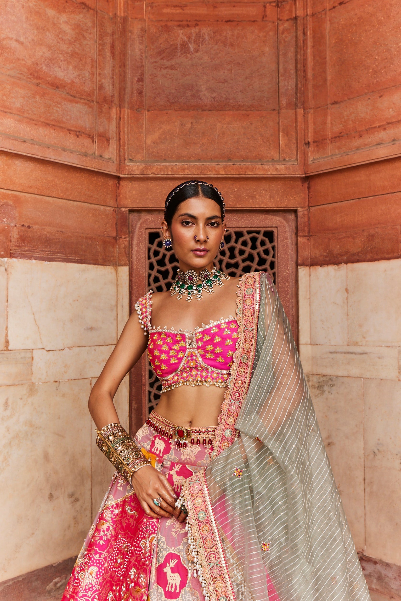 Women's Hot Pink Banarsi Woven Lehenga Set