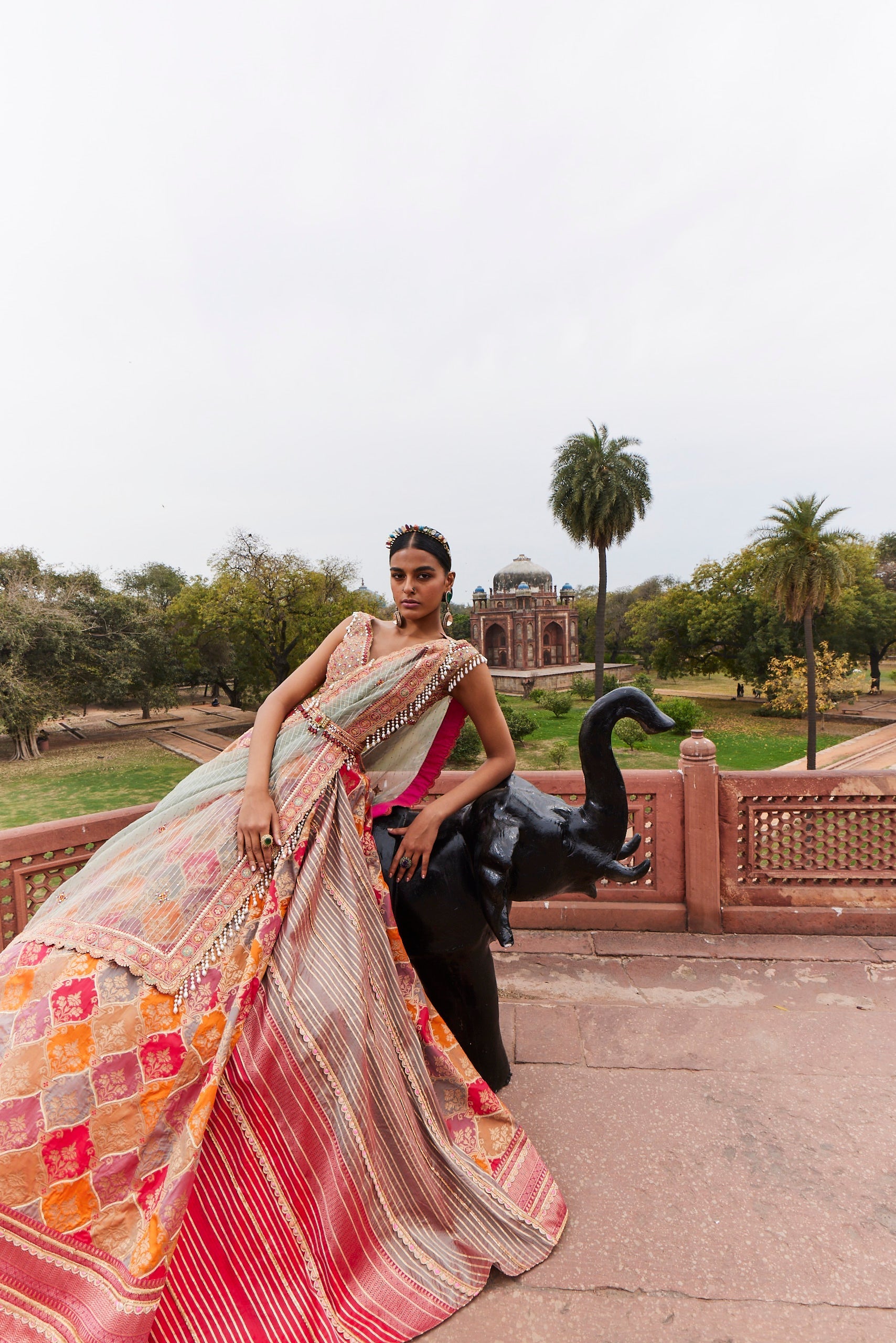 Women's Coral Woven Banarsi Chanderi Lehenga