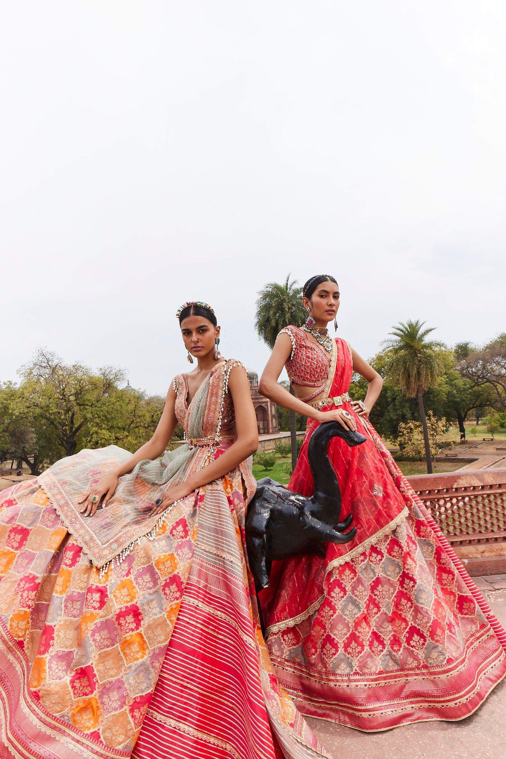 Women's Coral Woven Banarsi Chanderi Lehenga