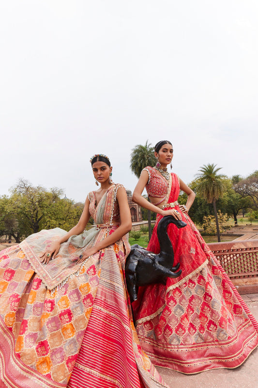 Women's Coral Woven Banarsi Chanderi Lehenga