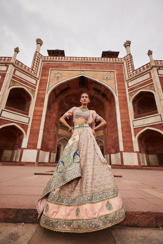 Women's Powder Pink Bandhani Banarasi Lehenga