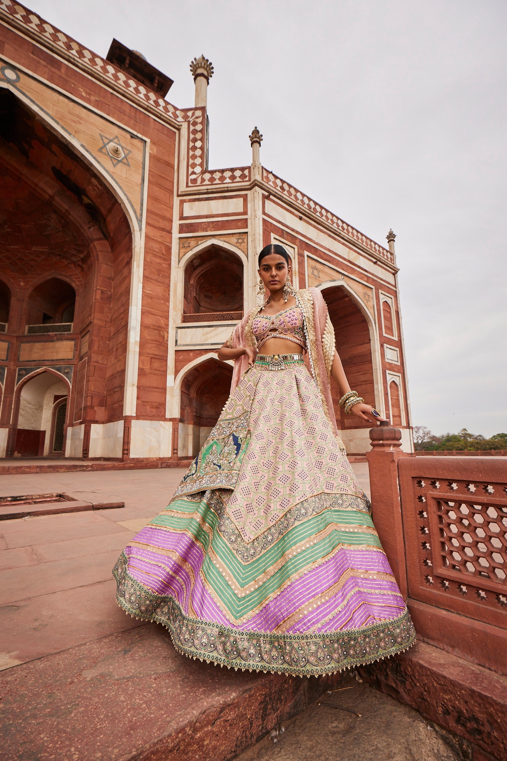 Powder Pink Bandhani Banarasi Lehenga