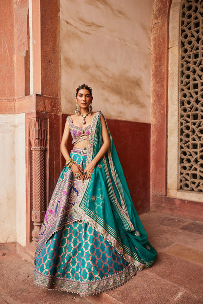 Women's Teal Bandhani Banarasi Lehenga Set 