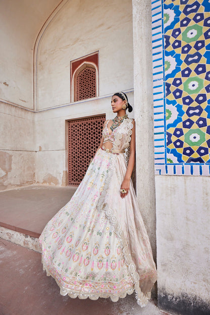 Women's Ivory Chanderi Banarasi Woven Lehenga
