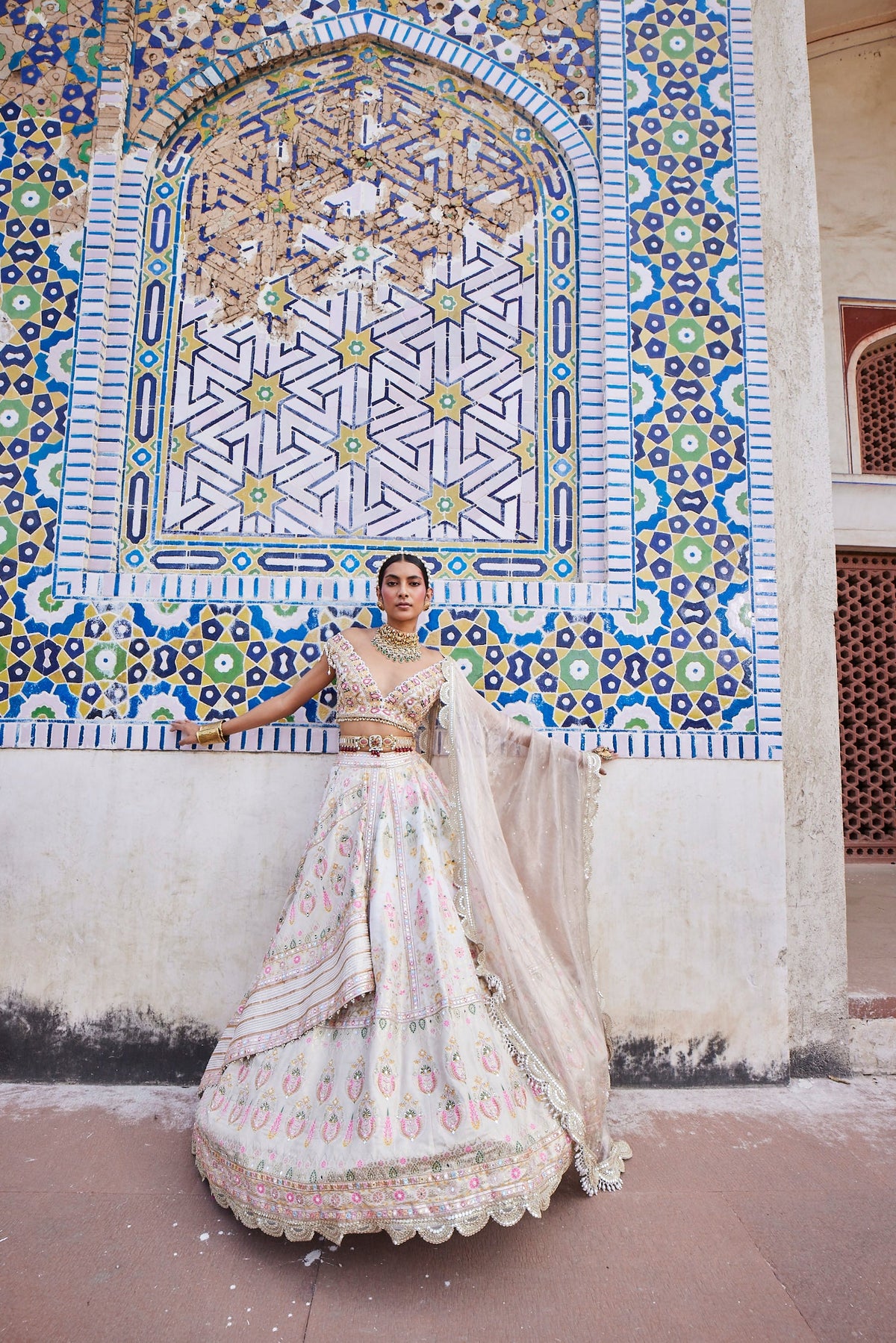 Shop Ivory Chanderi Banarasi Paneled Lehenga