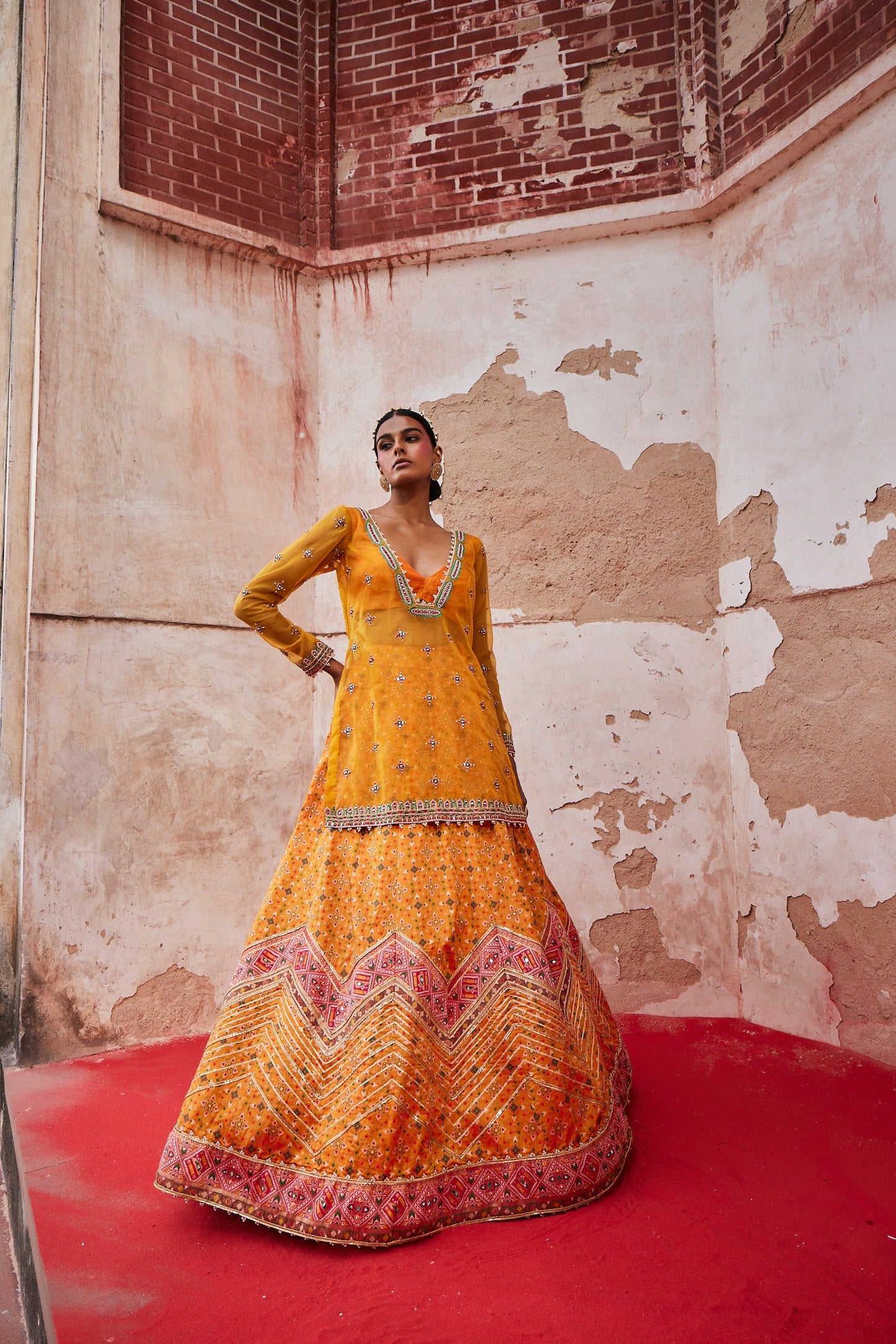  Women's Mustard Chevron Lehenga with Kurta