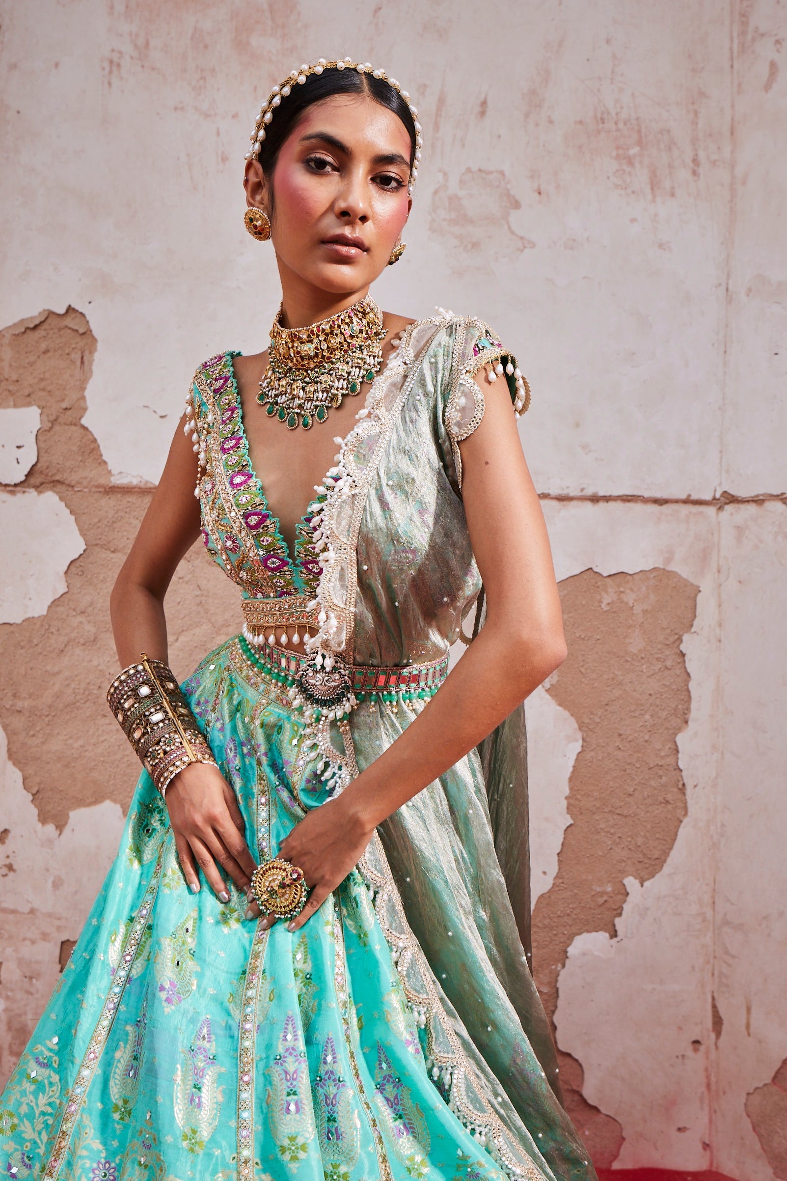 Women's Firozi Chanderi Banarasi Lehenga