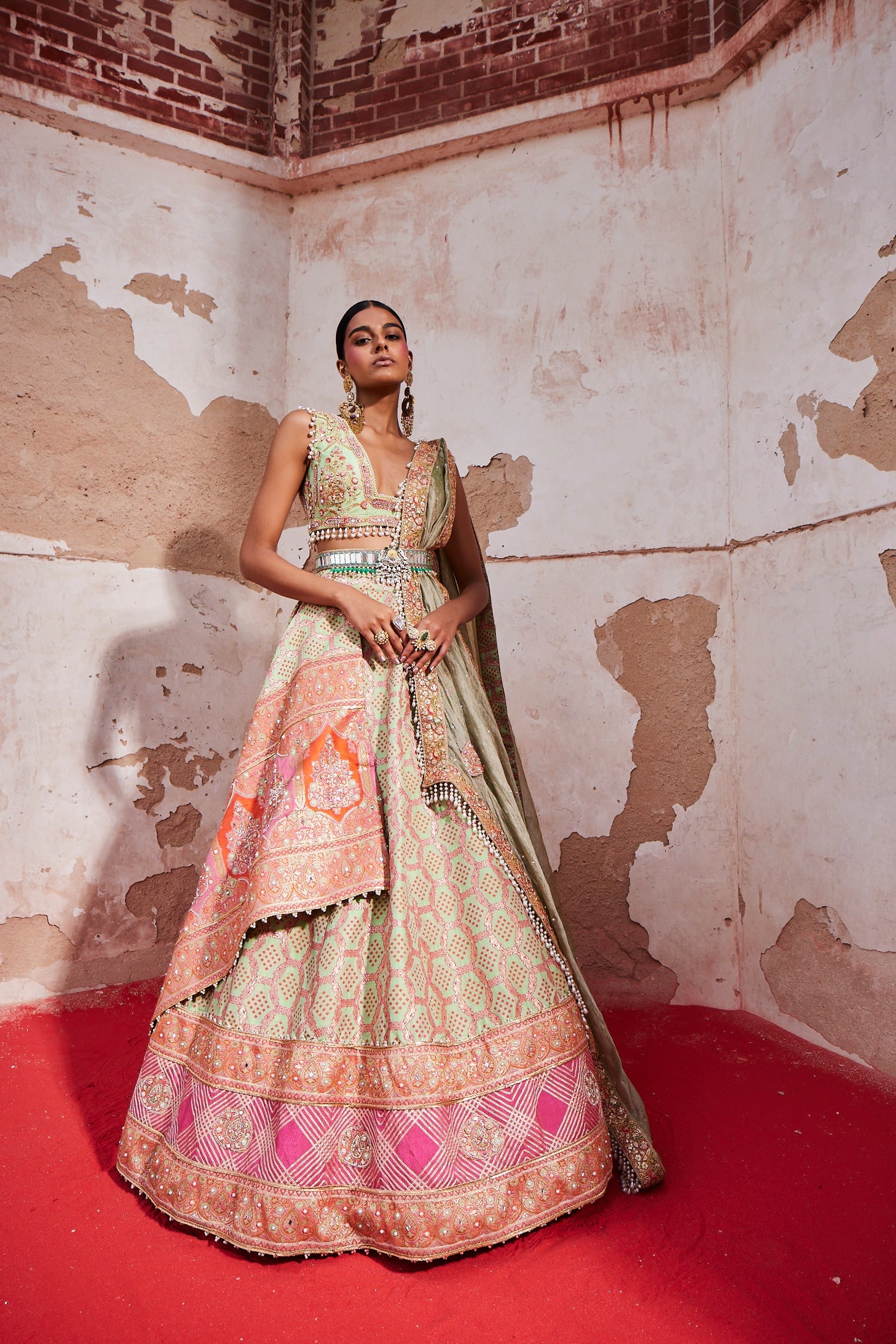  Pista Bandhani Banarasi Woven Lehenga Set