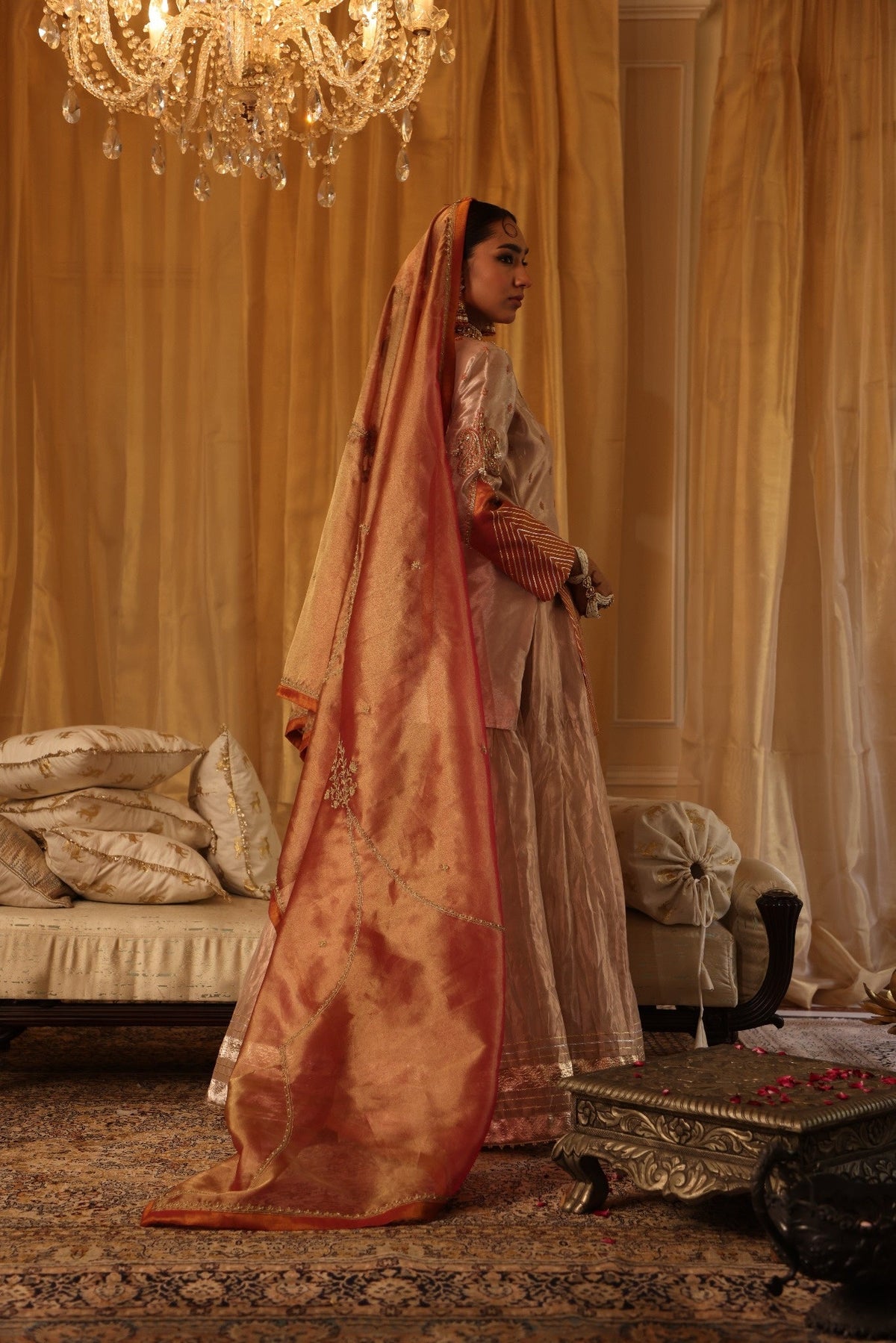 Rose Gold Pure Zari Tissue Short Kurta & Sharara Set