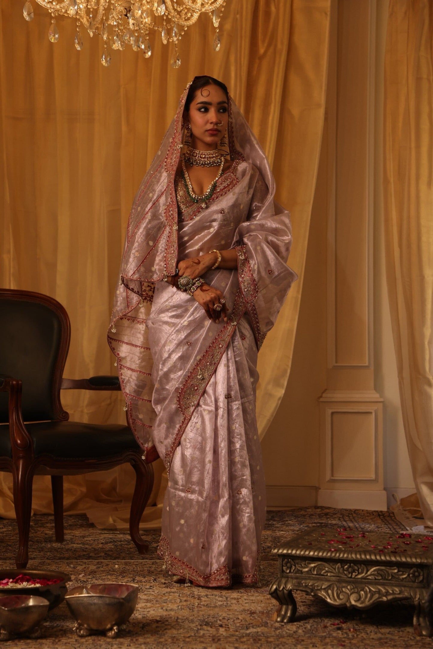 Purple Pure Zari Tissue Saree Set