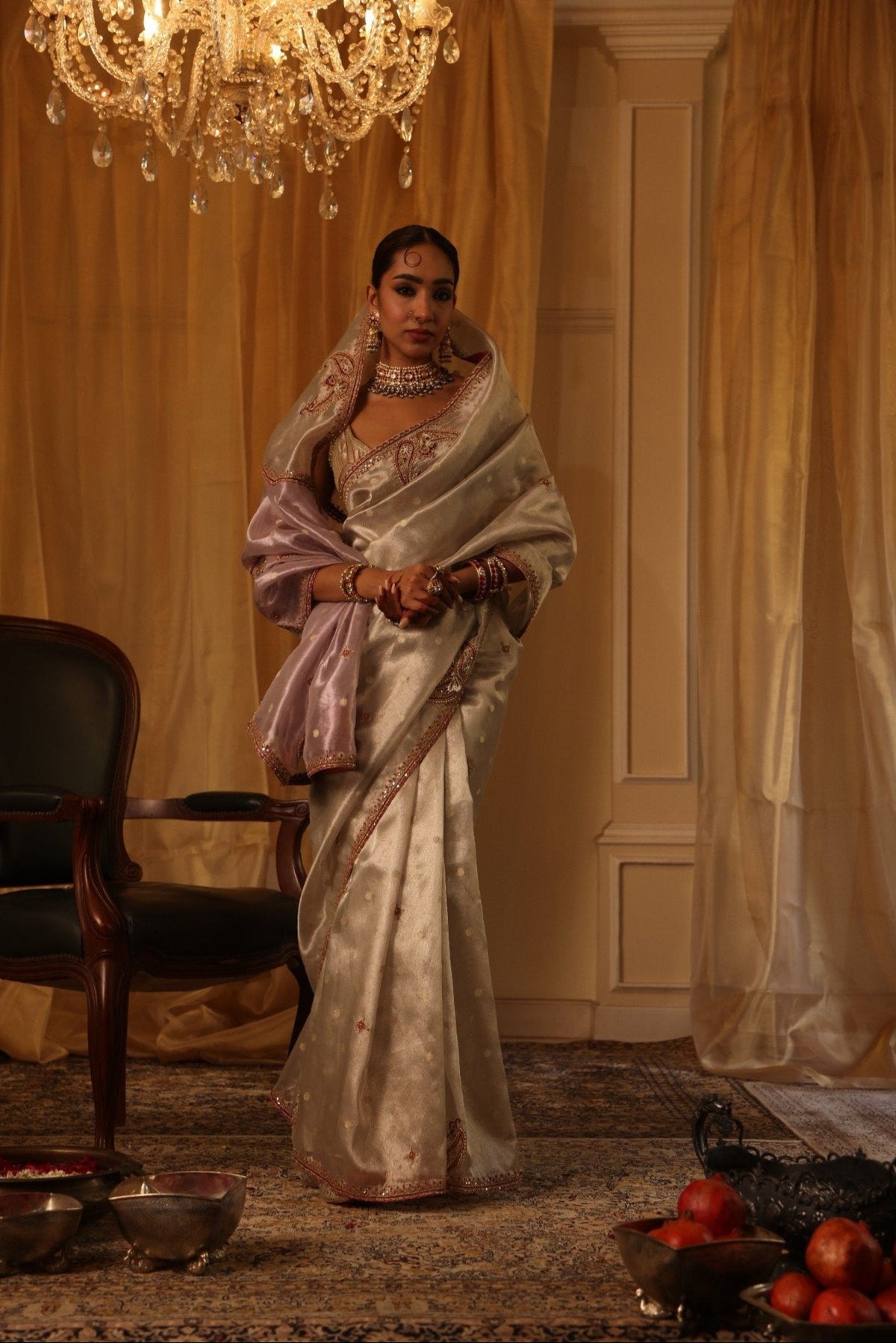 Ivory Pure Zari Tissue Saree Set