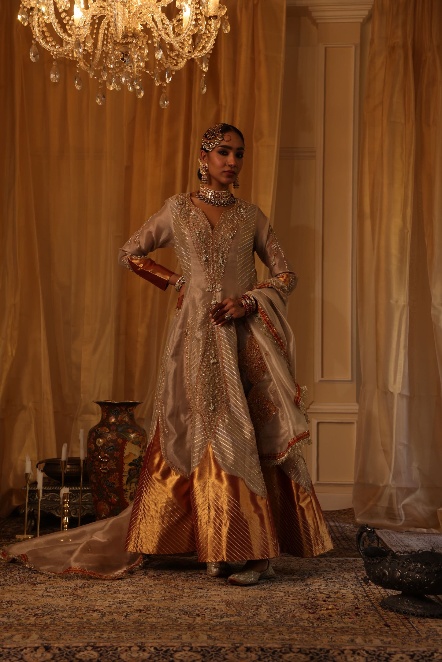 Rose Gold Pure Zari Tissue Anarkali Set
