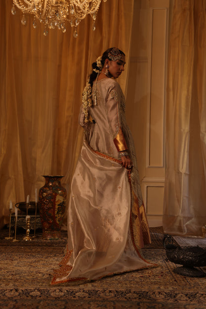Rose Gold Pure Zari Tissue Anarkali Set