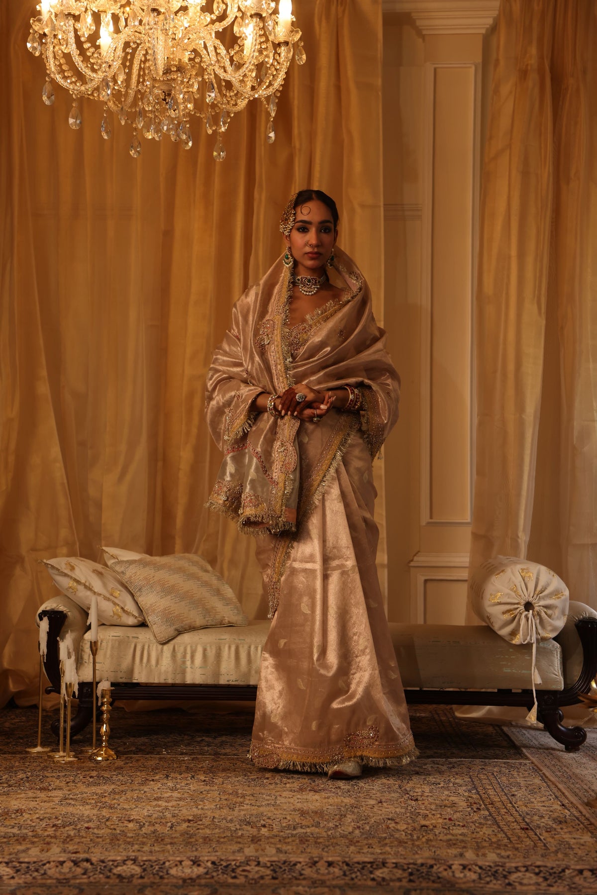 Rose Gold Pure Zari Tissue Saree Set