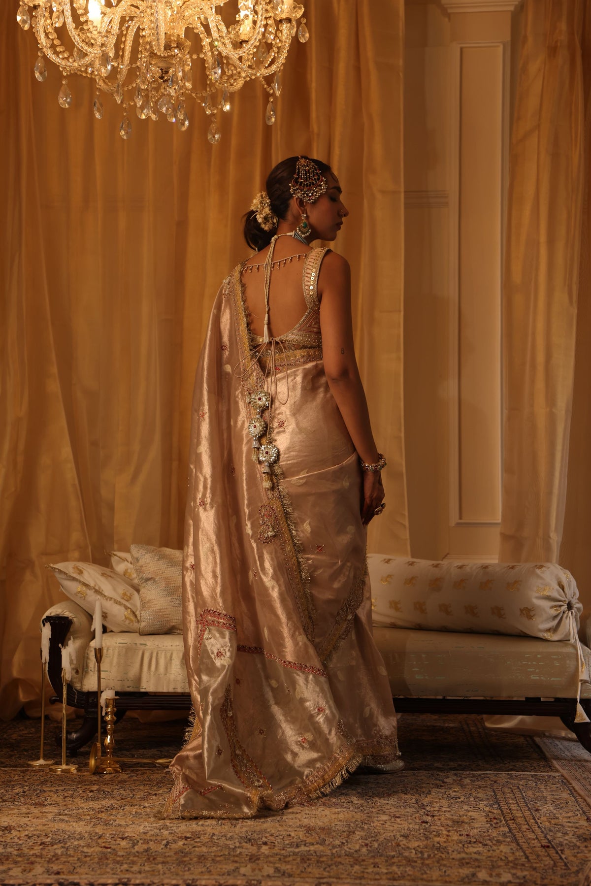 Rose Gold Pure Zari Tissue Saree Set