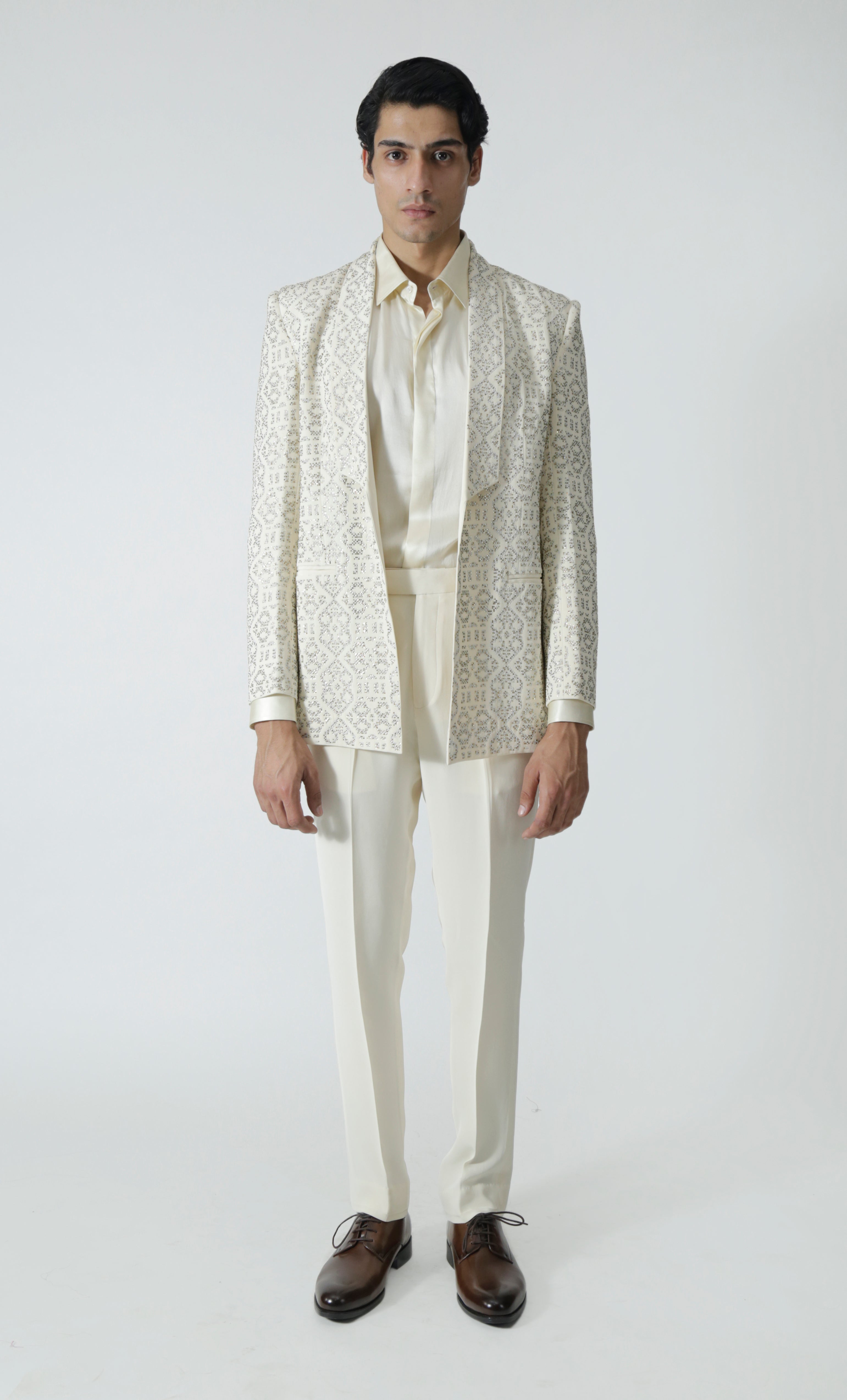 Aerglo Ivory Heavy Silk Crepe Jacket, Shirt and Pants
