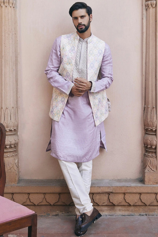 Affordable Lilac Mirror Embroidered Bundi Set