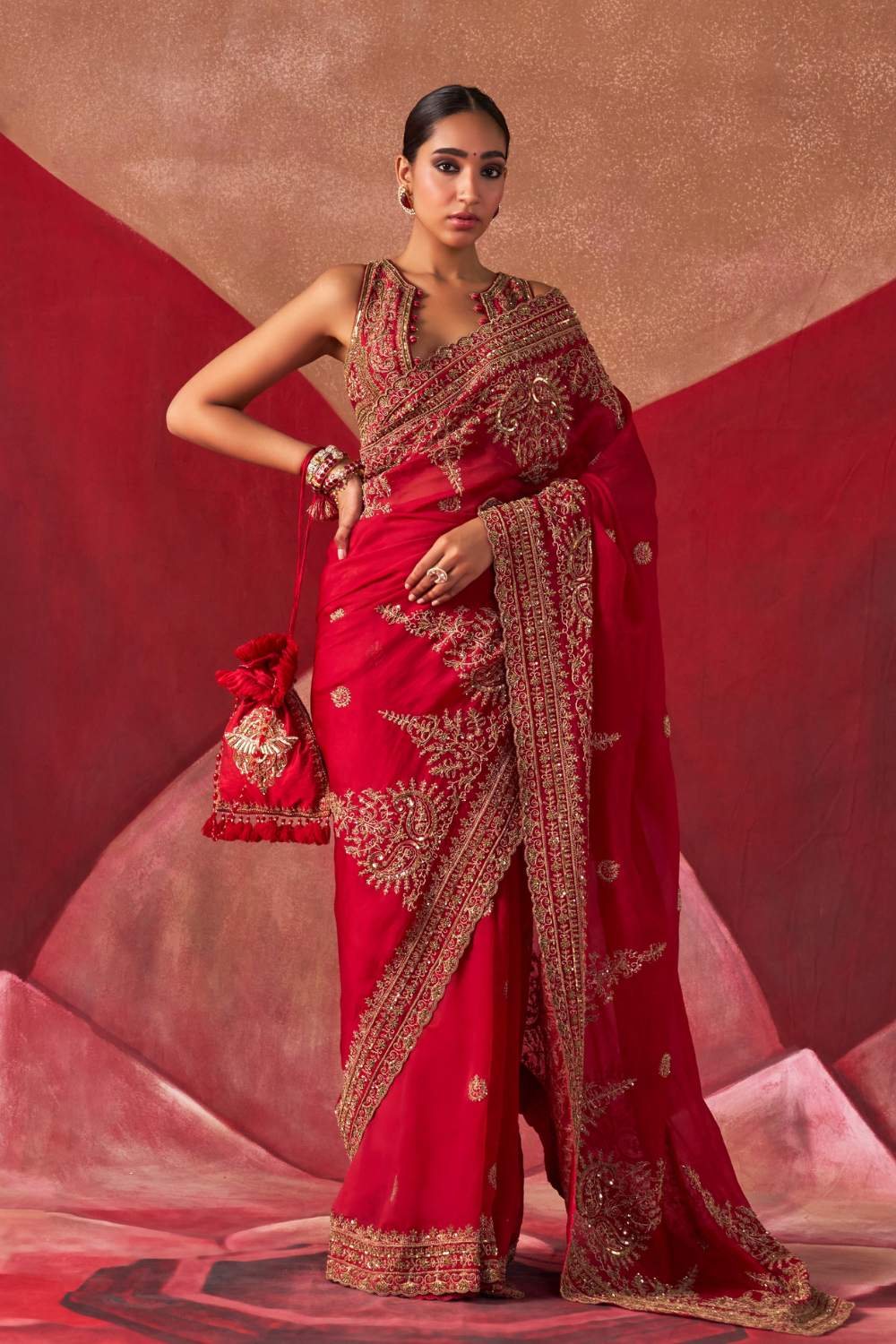Aloka Red Silk Organza Saree Set