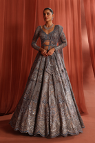 Amber Grey Net Blooming Geometry Lehenga Set