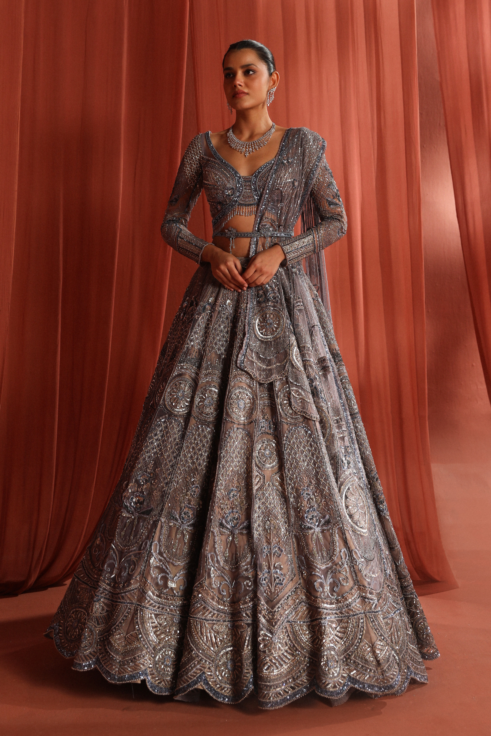 Amber Grey Net Blooming Geometry Lehenga Set
