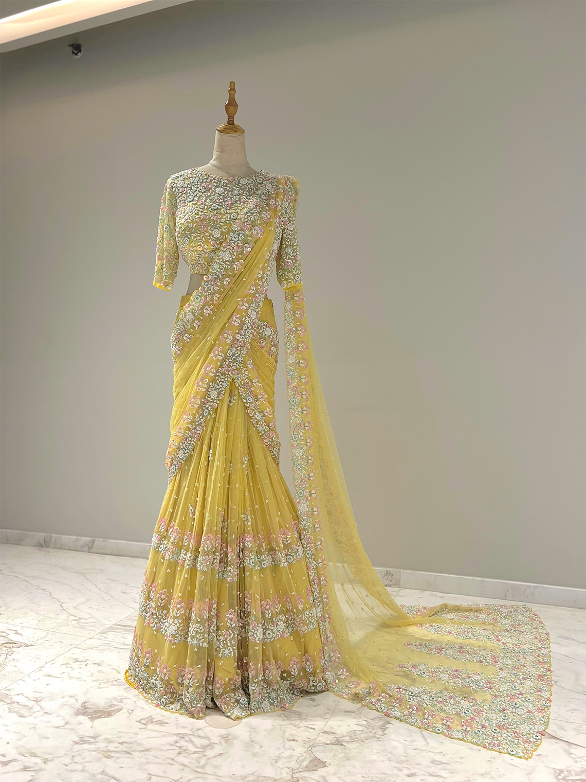Angela Lime Yellow Soft Net Saree Set with Hand Embroidered Pearls & Beads