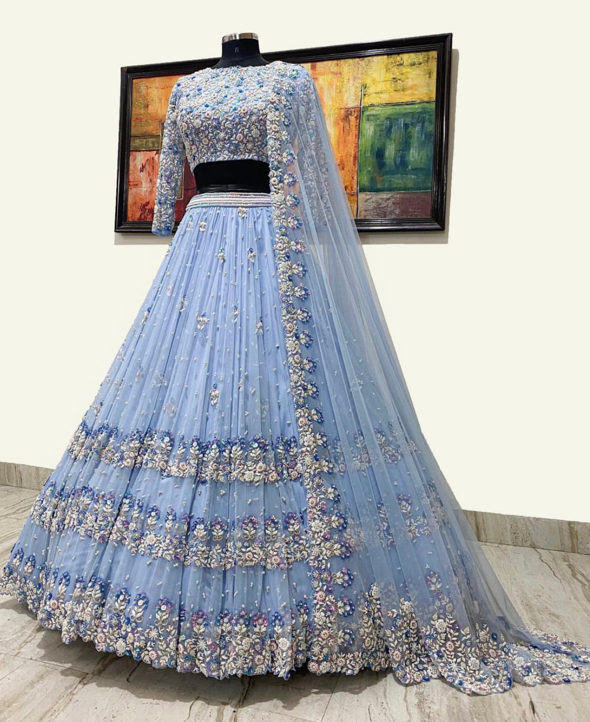 Angela Maya Blue Soft Net Lehenga Set with Pearls, Sequins & Bead Embroidery